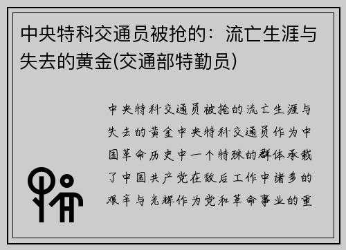 中央特科交通员被抢的：流亡生涯与失去的黄金(交通部特勤员)