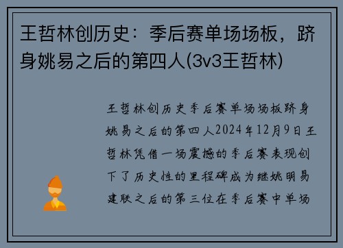 王哲林创历史：季后赛单场场板，跻身姚易之后的第四人(3v3王哲林)