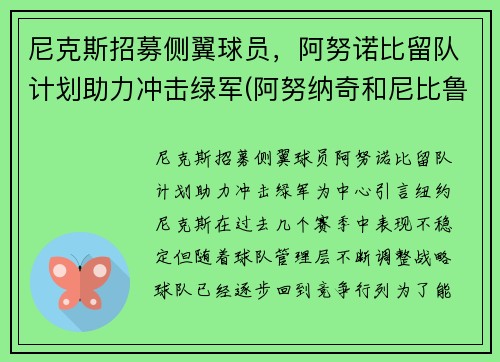 尼克斯招募侧翼球员，阿努诺比留队计划助力冲击绿军(阿努纳奇和尼比鲁)