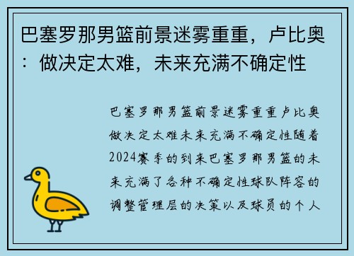 巴塞罗那男篮前景迷雾重重，卢比奥：做决定太难，未来充满不确定性