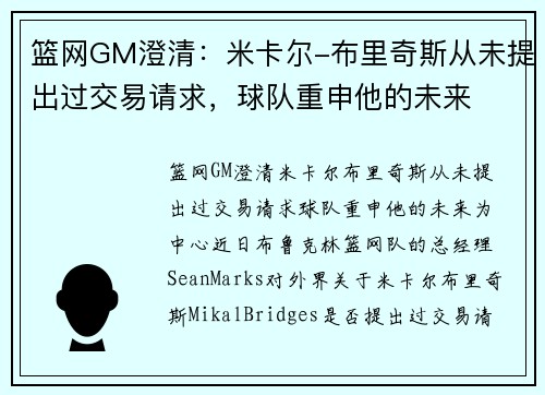 篮网GM澄清：米卡尔-布里奇斯从未提出过交易请求，球队重申他的未来