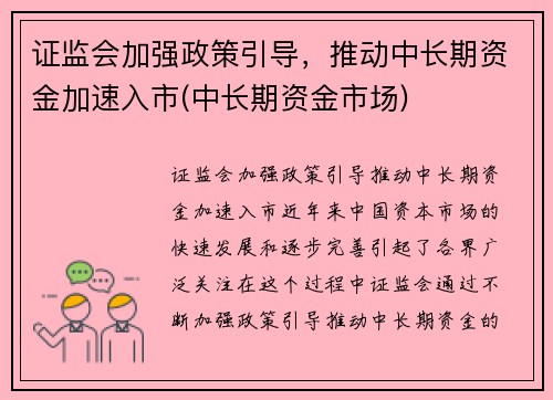 证监会加强政策引导，推动中长期资金加速入市(中长期资金市场)