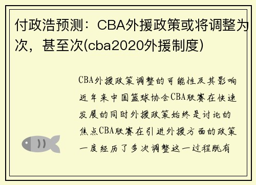 付政浩预测：CBA外援政策或将调整为次，甚至次(cba2020外援制度)